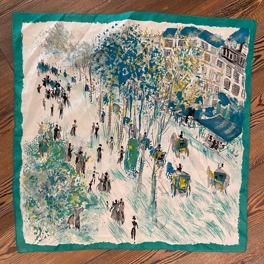 Vintage 26” x 26” Green Vintage Abstract Art City People Scenic View scarf - Picture 3 of 11